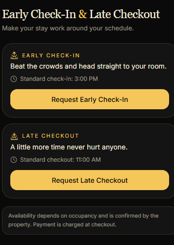 Early Check-In & Late Checkout guest screen